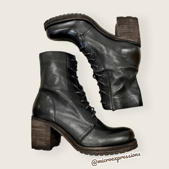 $429 Frye Karen Lace Up Black Real Leather Combat Short Chunky Comfy Ankle Boot - Picture 16 of 16